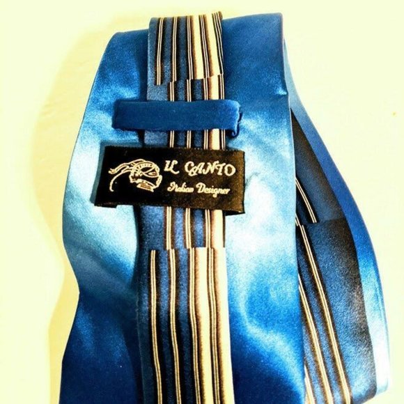 Men's Il Canto Black Blue Striped Neck Tie - Picture 5 of 5